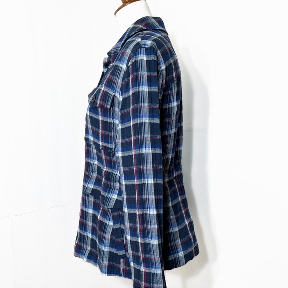 Sanctuary Navy Blue Plaid Tie Waist Long Sleeve Buttondown Shacket Jacket Top S - Picture 5 of 10